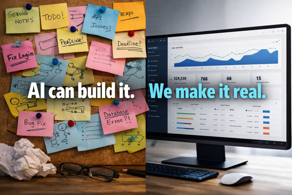 Sticky notes and a dashboard representing planning versus production delivery