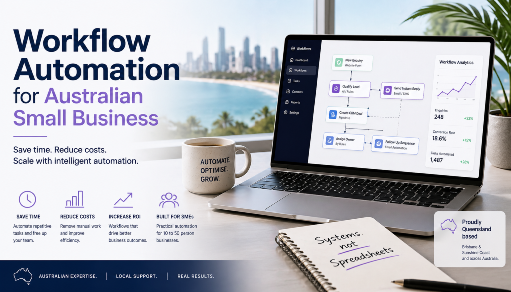Workflow automation tools for Australian small business showing connected systems and automated business processes