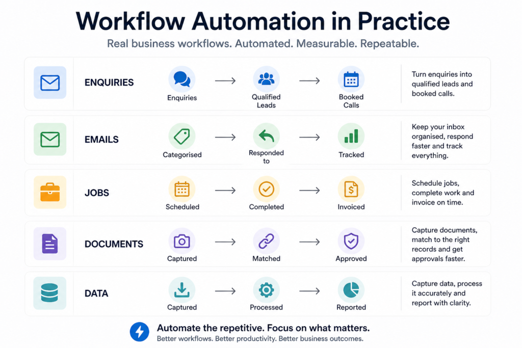 Workflow automation for Australian small business showing enquiries, emails, jobs, documents and data processes automated