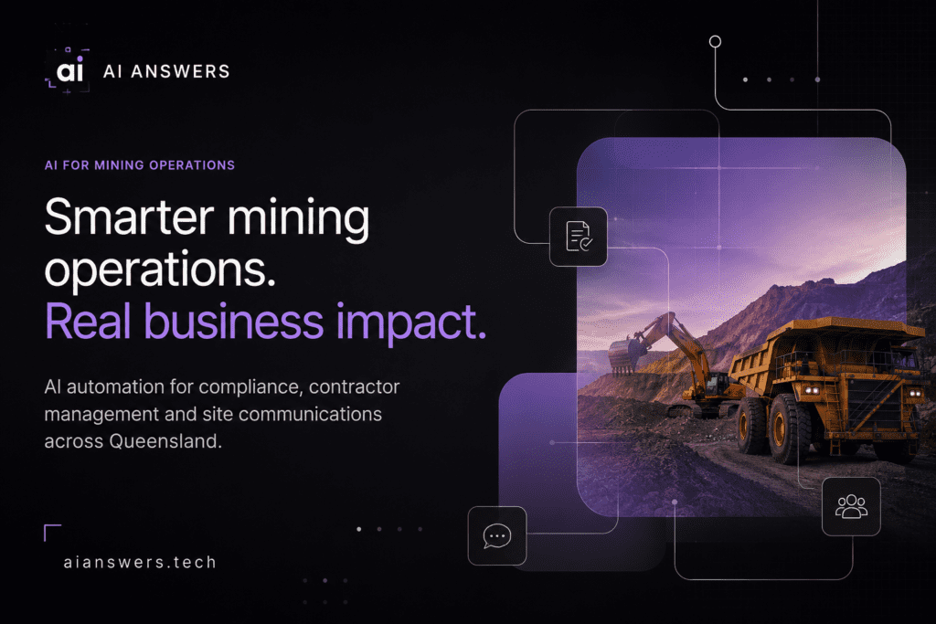 AI for mining operations in Queensland — haul truck and excavator at a surface coal mine with AI Answers automation branding